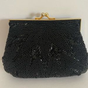 Andre Cellini Black Beaded Shoulder/Clutch Bag 6” Gold Chain 40”